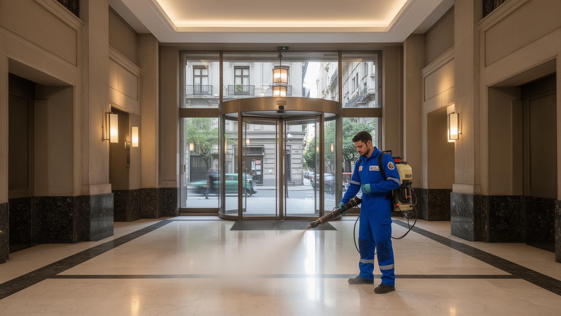 Técnico de A&M realizando fumigación profesional en un edificio de Buenos Aires, Capital Federal