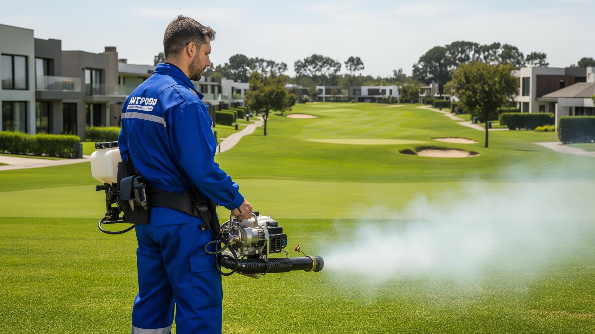 Técnico de A&M realizando fumigación ULV de mosquitos en un country de Pilar