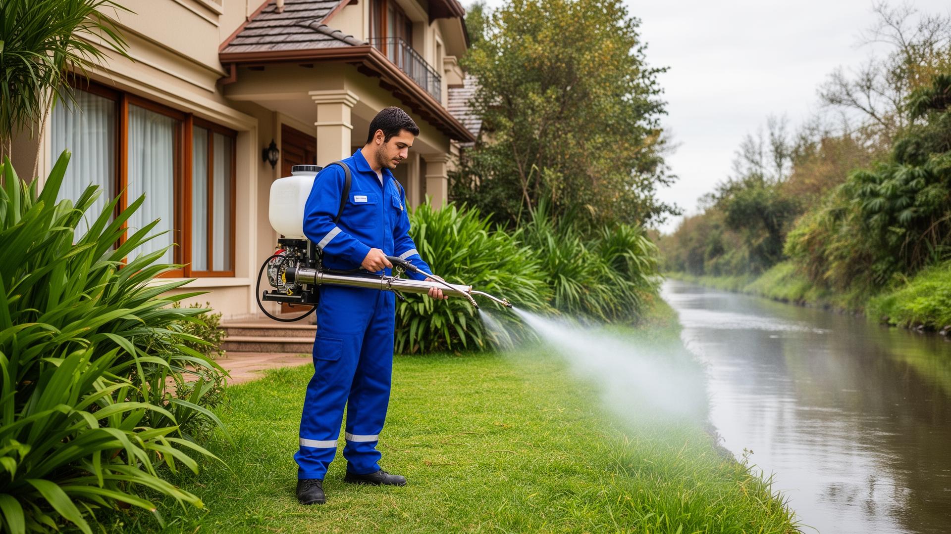 Técnico de A&M fumigando en una casa residencial de Tigre con equipo ULV profesional